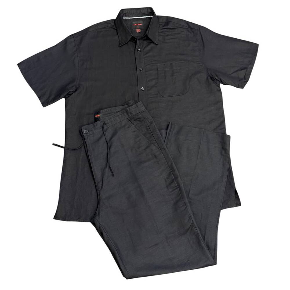 Linea Uomo Set of Short Sleeve Linen Blend Button-Up Shirt and Pants